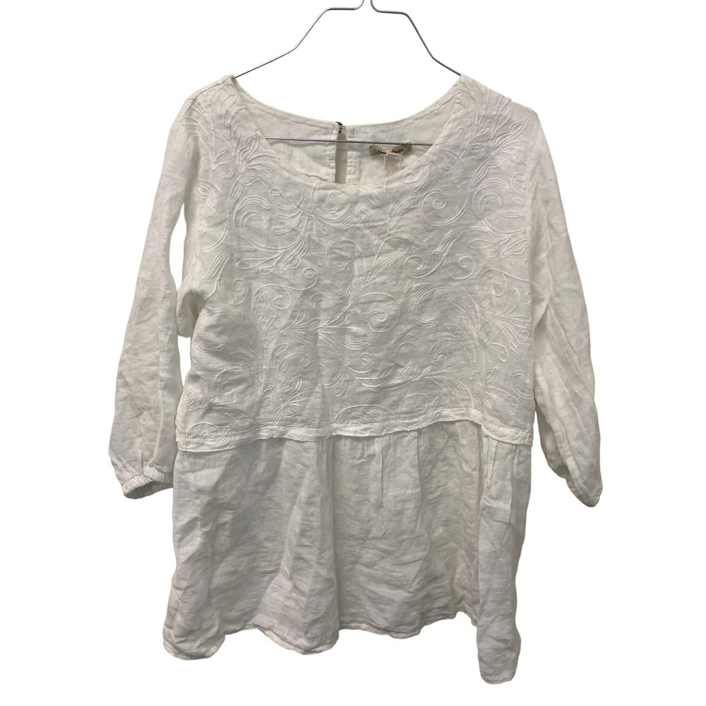 NWT Alessia Pacini 100% Linen Top LARGE White Beach Woven Embroidered Lagenlook